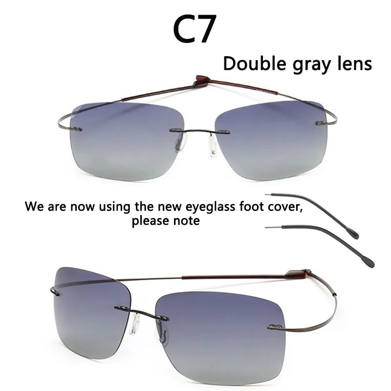 NEW Cool 100% Pure Titanium Rimless sunglasses Polarized Lenses Grey Super Thin Lenses Sun-shade UV protection UV400 spring leg
