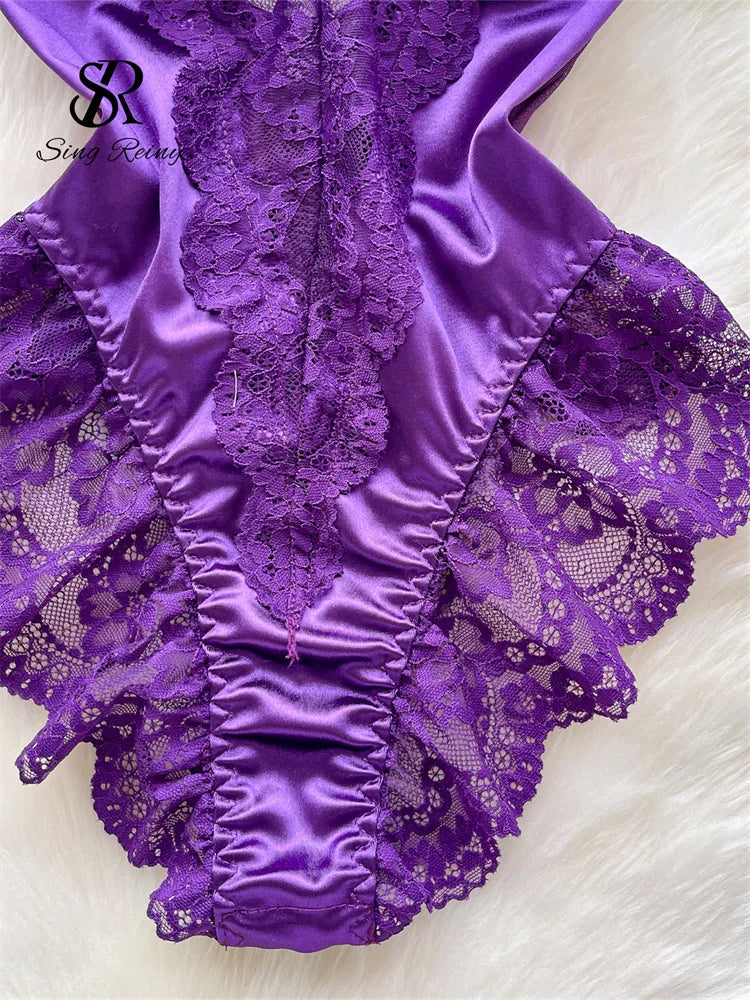 SINGREINY Satin Erotic Bodysuits 2025 Fashion Strap Backless Slim Rompers Nightwear Lace Spliced Sheer Sexy Playsuits