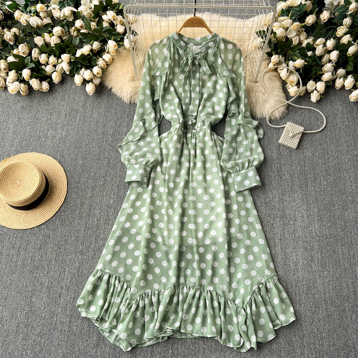 Retro Elegant Pleated Puff Sleeves dot sweet Dress Beach Vacation Casual Women A-LINE chiffon Fashion Summer basics Dresses