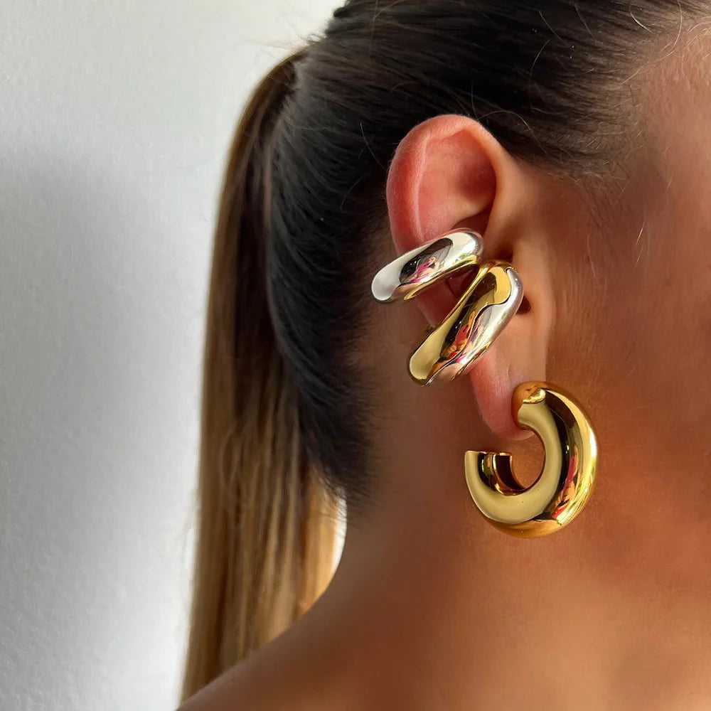 Punk Vintage Chunky Geometric Round Ear Cuff Stainless Steel Metal Texture Thick C Shape Non Piercing Ear Clip