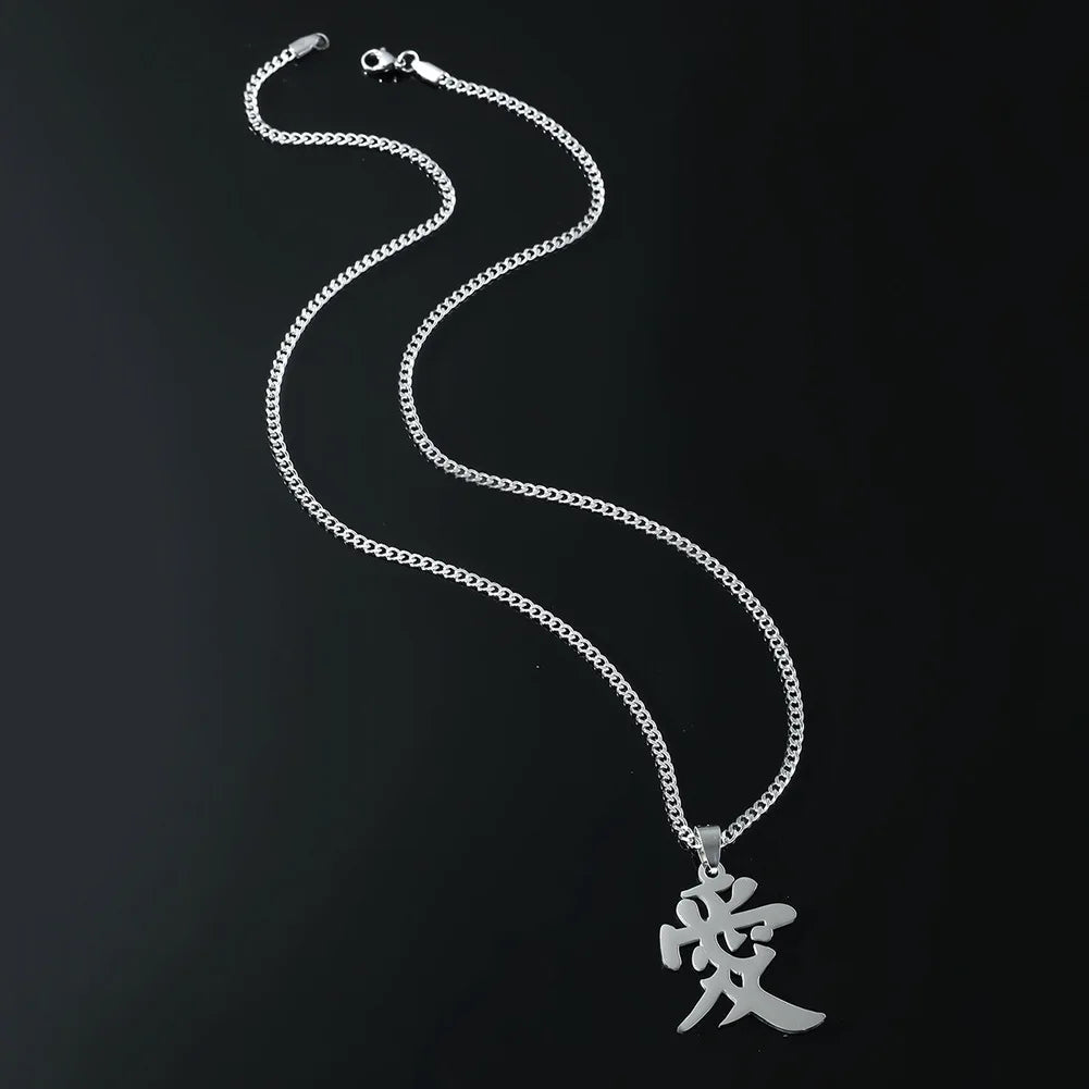 Stainless Steel Chinese Character Pendant Necklace for Women Men Punk Hip-hop Style Party Jewelry Gifts