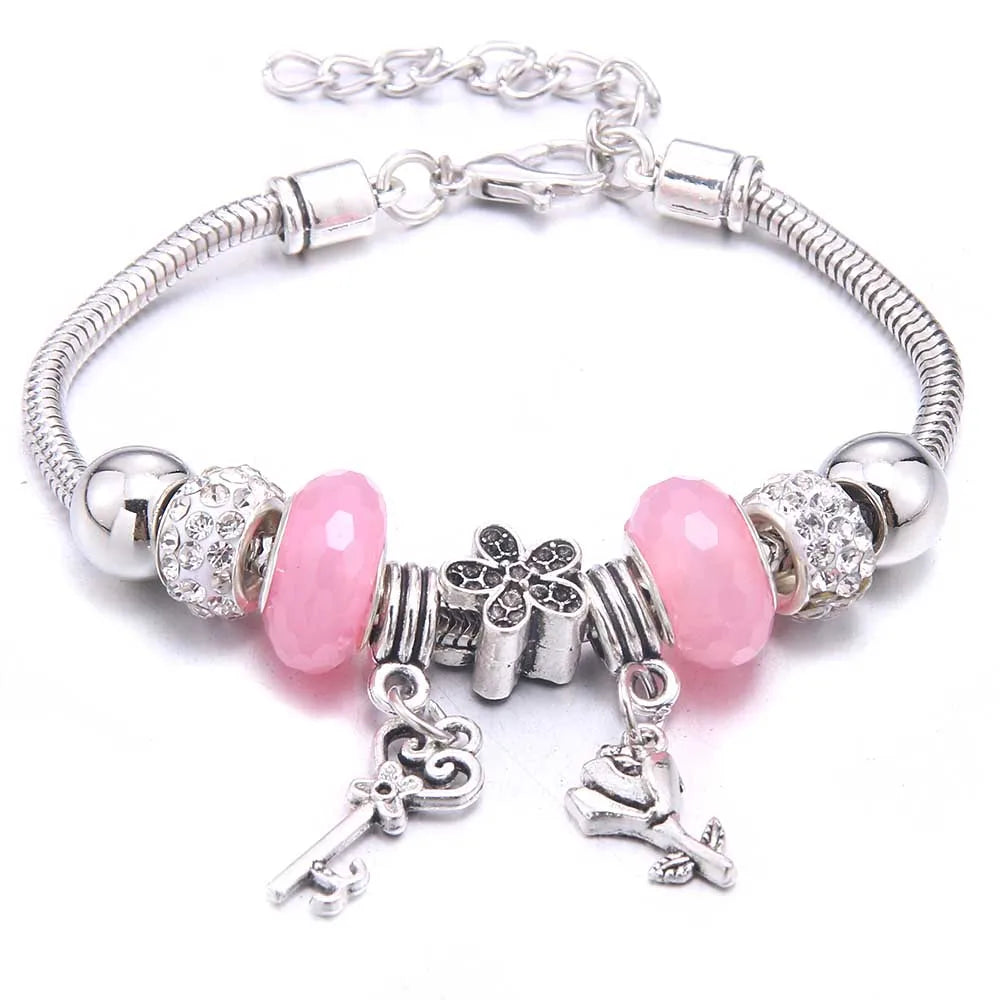 Pink Charm Bangle Lobster Buckle Snake Chain Beaded Bangles For Women Summer Romantic Gift Fashion Butterfly Bracelet Jewelry