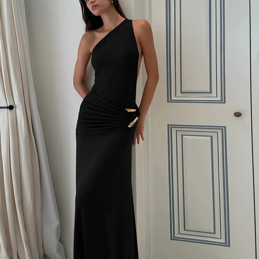 Brown One Shoulder Backless Long Dress Sexy Women's Draped Casual Maxi Dresses Summer Evening Party Wedding Guest Cocktail Black
