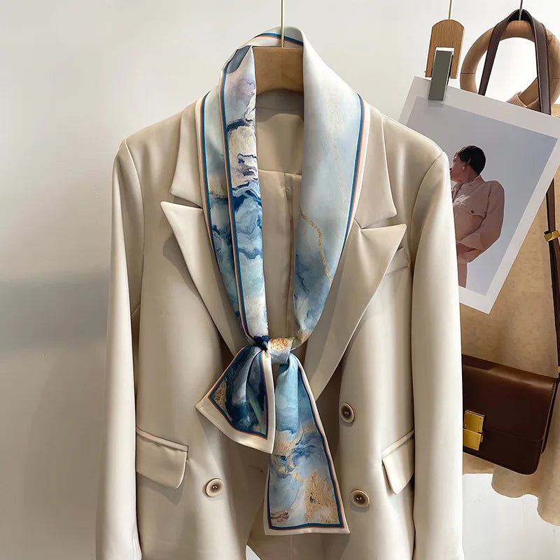Floral Print 12*145cm Long Ribbon Silk Scarf Women Neck Scarves Headband Female Skinny Neckerchief Hair Band Neck Tie Bag Ribbon