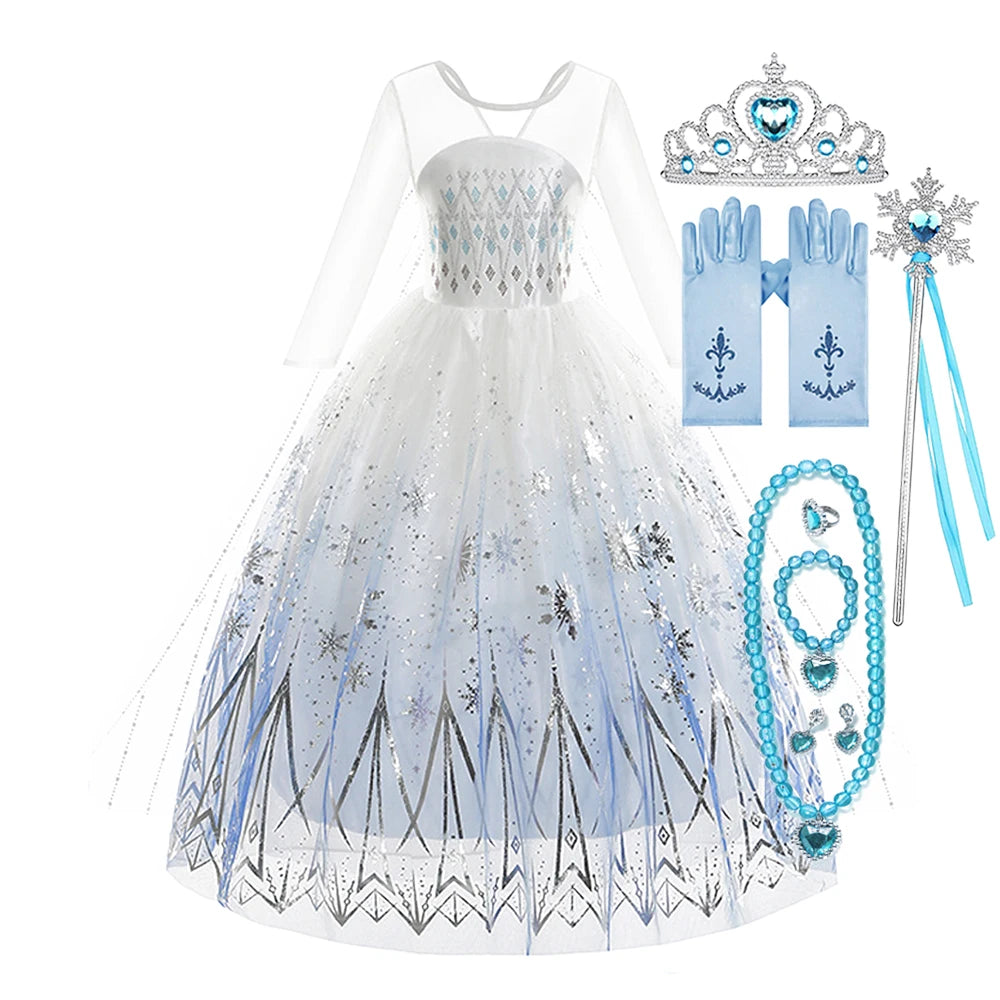 Children Carnival White Elsa Cosplay Dress Girls Elegant Princess Costume Kids Halloween Birthday Party Clothes