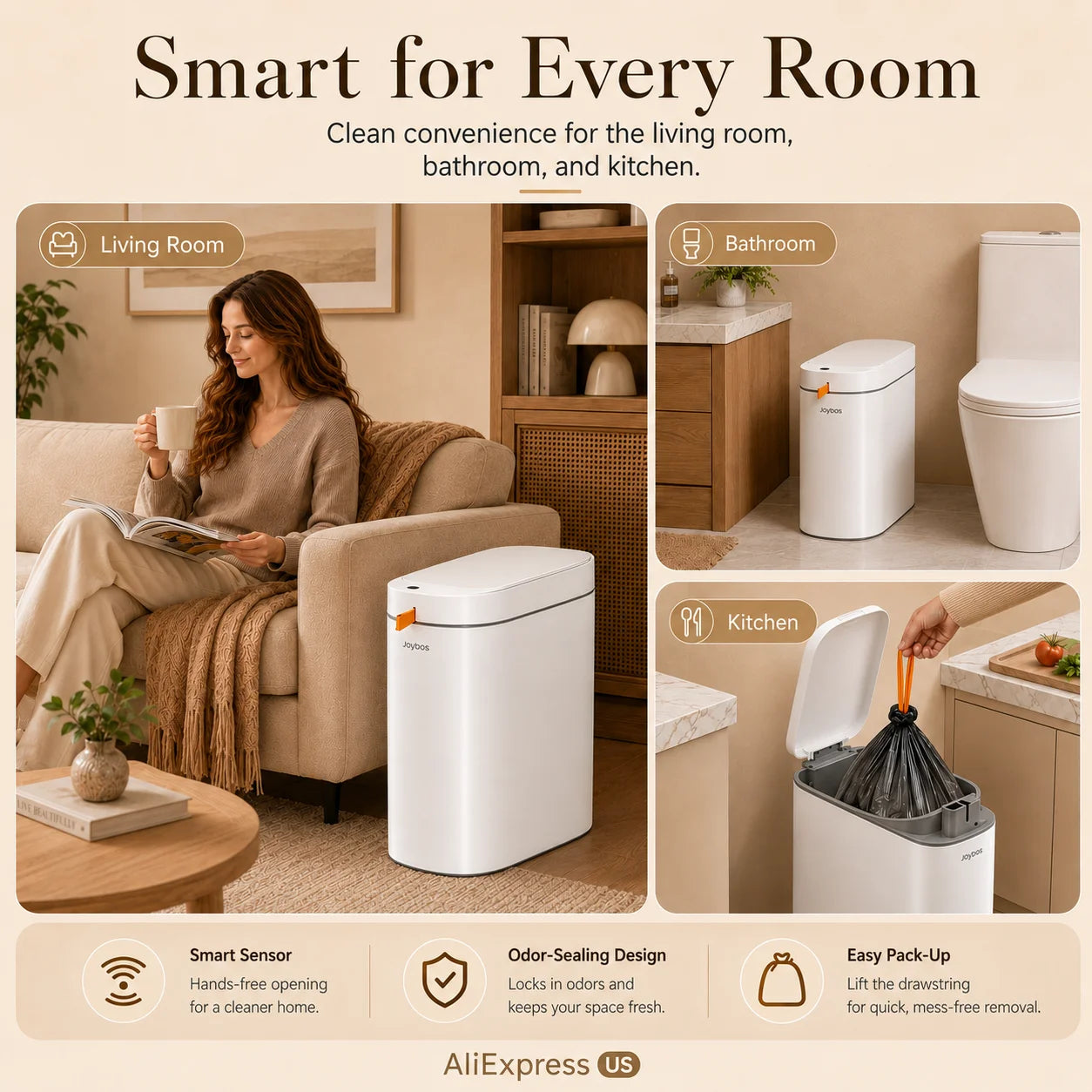 Joybos Smart Trash Can with Auto-Lining, Touchless Sensor Garbage Bin + Free Drawstring Bags, No-Mess Pull & Lift Wastebasket