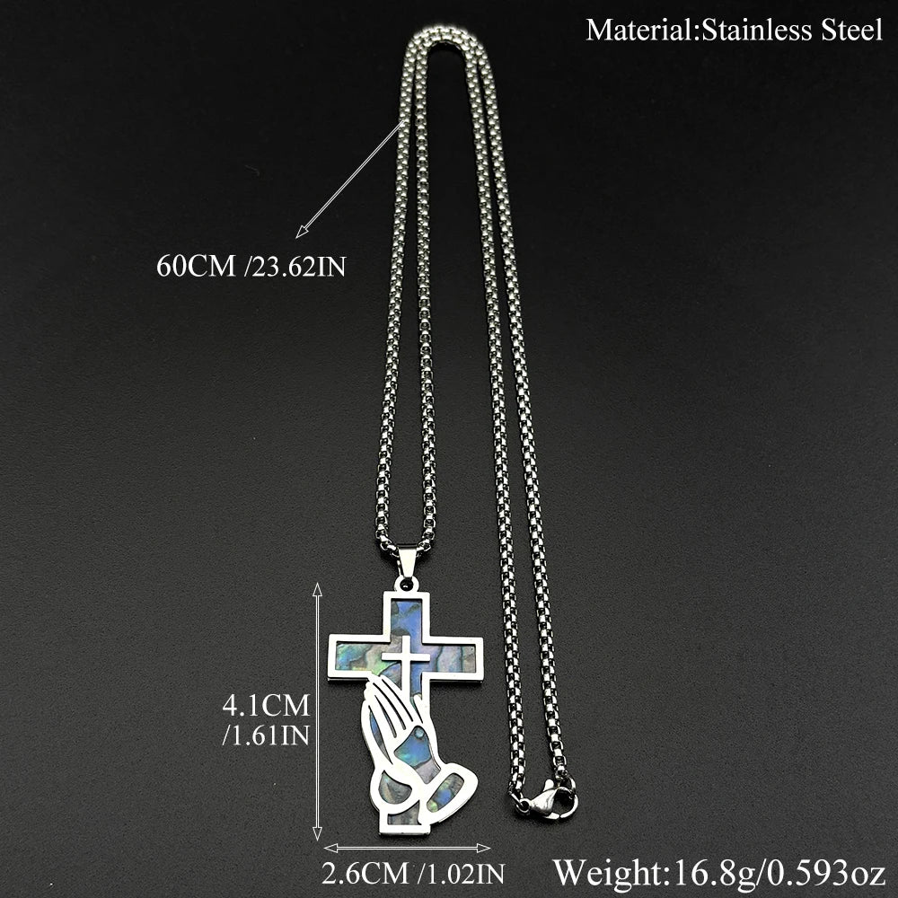 Jesus Cross Praying Hand Imitation Abalone Shell Stainless Steel Pendant Necklaces for Women Men Gold Color Christian Jewelry