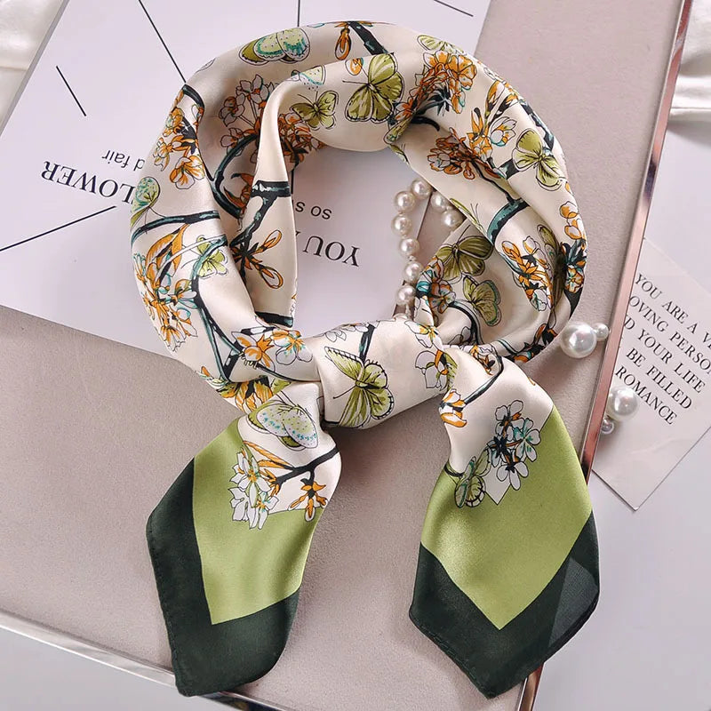 Luxury Apricot Print 70*70cm Silk Square Scarf Women Soft Satin Hairband Neckerchief Tie Female Headband Foulard Bag Ribbon Gift