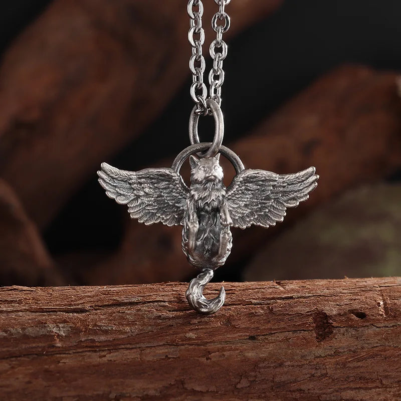 Classic Retro Silver Plated Cute Pet Wing Cat Pendant Necklace for Men Women Fashion Personalized Clavicle Chain Jewelry Gifts