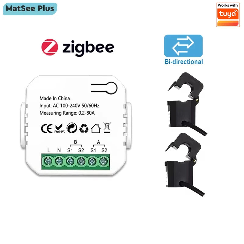 Smart ZigBee Energy Meter Bidirection 1, 2 Channel with Current Transformer Clamp App Monitor Power 80A 110V/240V 50/60Hz