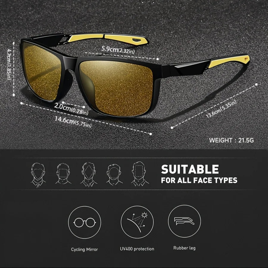 Square Yellow Night Vision Anti-Glare Goggles for Men Women Driving Fishing Beach Sunglasses UV Protection Polycarbonate Glasses
