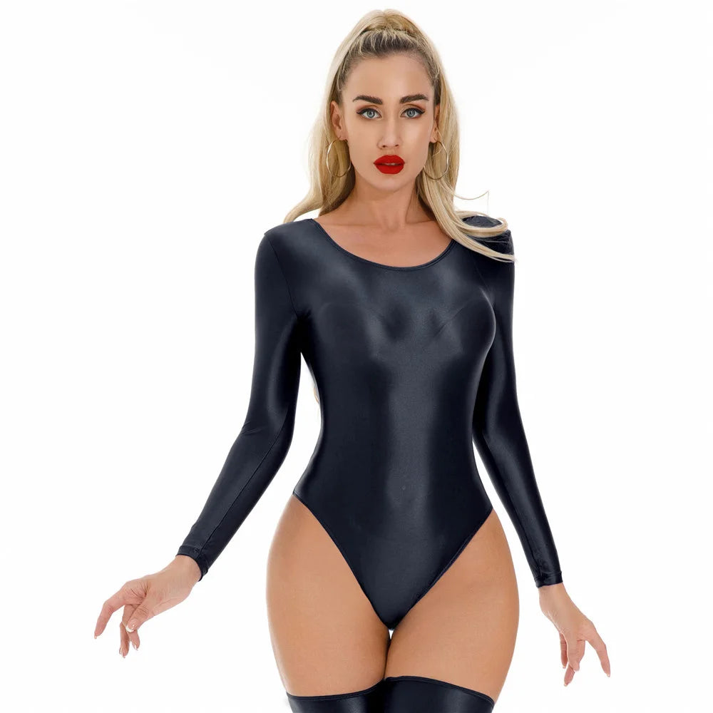 Sexy Women Stain Smooth HIgh Cut Bodysuit Oil Glossy Shiny Elastic Dance Tights Yoga Shaping Leotard One Pieces Thong