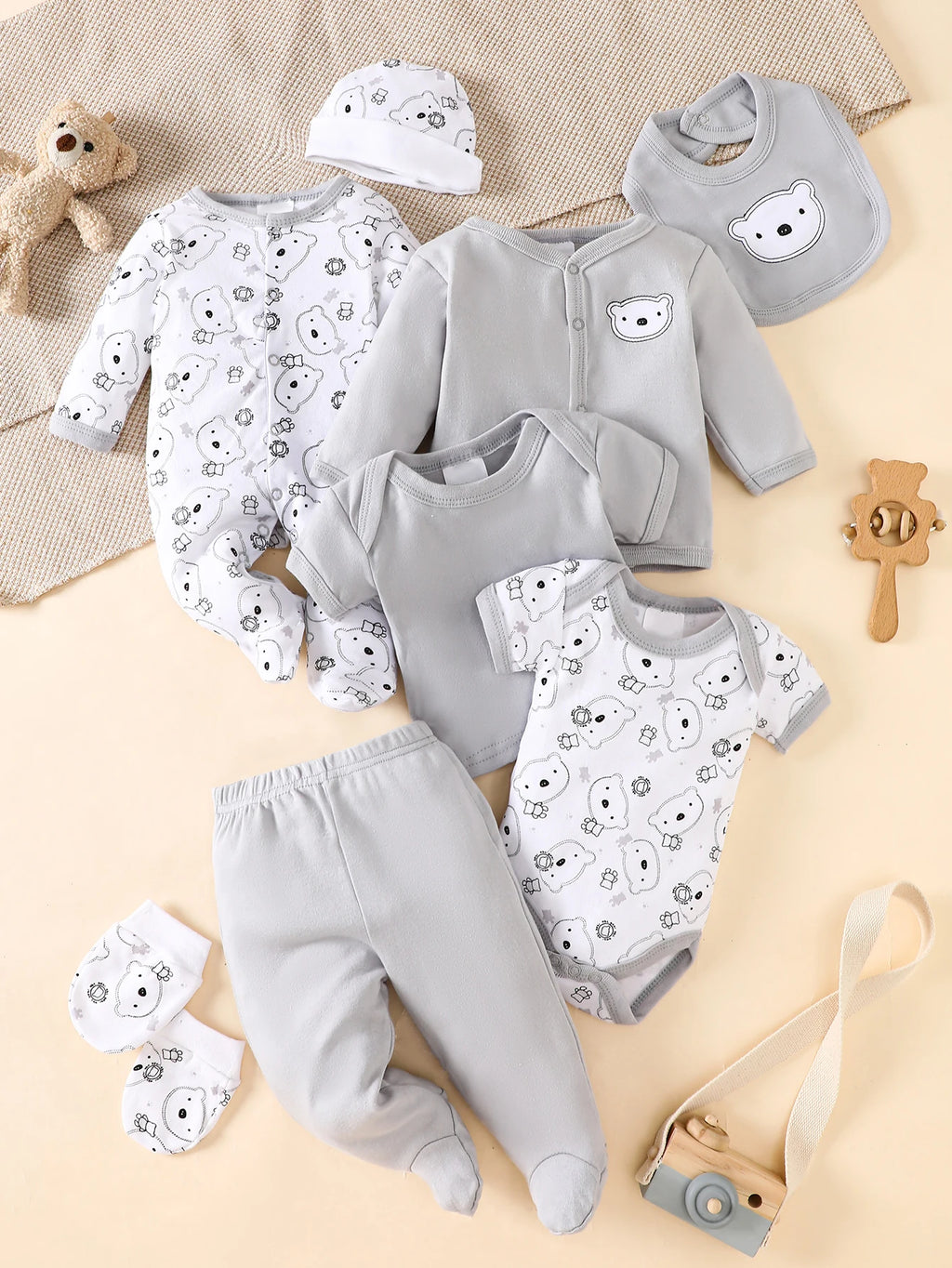 8-Piece Baby Romper Set | 100% Cotton | Cute Grey Bear Print | For 0-9M Infants