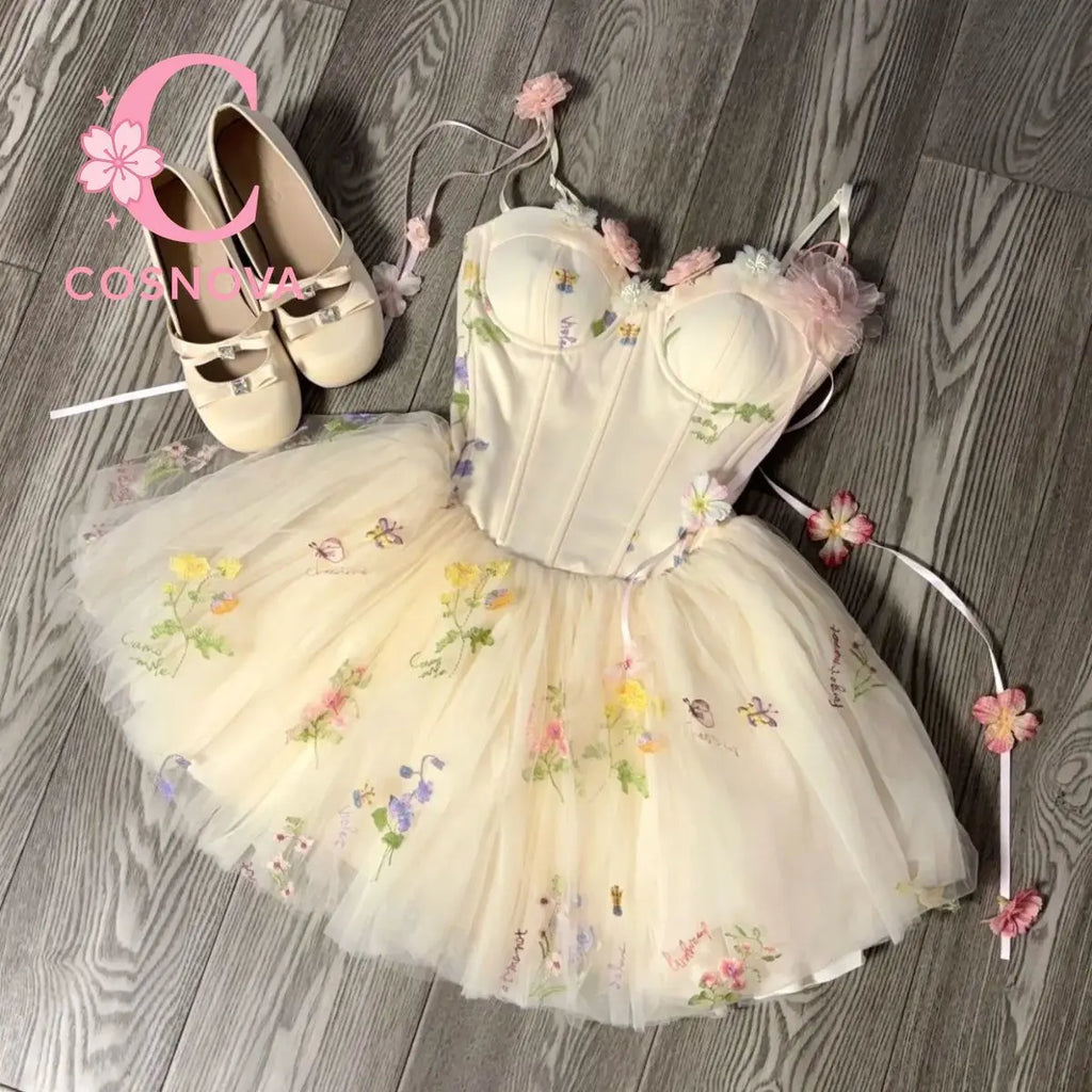 French Sweet Floral Fairy Mini Dress Summer Vacation Elegant Slim Waist Spaghetti Strap Short Dress Women Romantic Chic Outfit