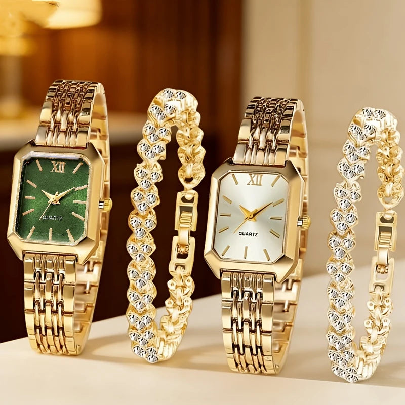 4PCS/Set Elegant Rectangle Women Watches Fashion Ladies Quartz Wristwatch Heart Bracelets Set Reloj Mujer Clock（Without Box）