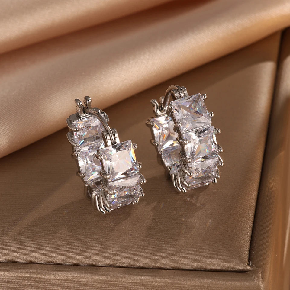 ZAKOL Vintage Black Square Crystal Hoop Earrings for Women Shiny Exquisite Zircon Round Earrings Wedding Party Jewelry