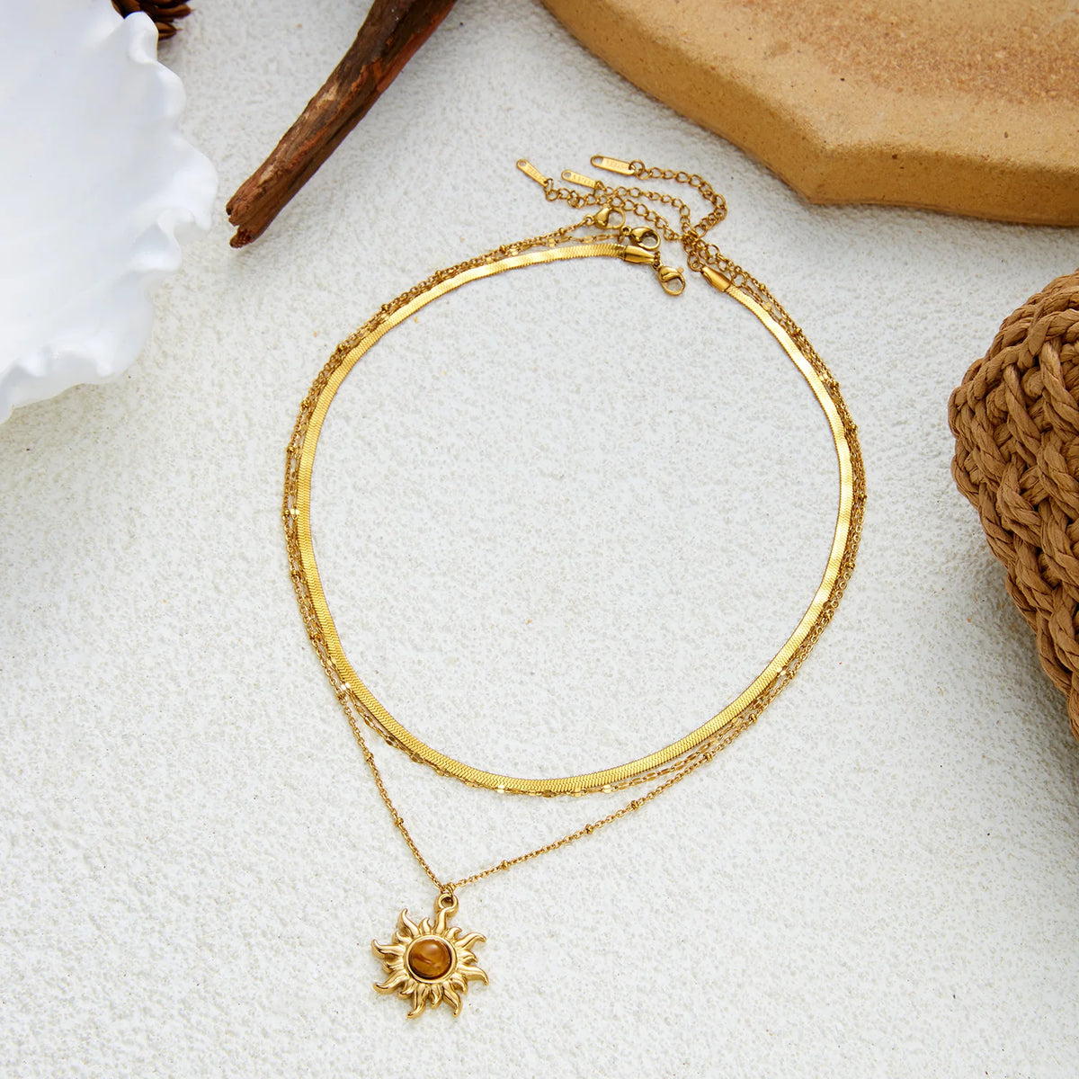Tiger Eye Stainless Steel Sun Layered Necklace Set for Women Gold Plated Herringbone Chain Party Jewelry Gift for Her Waterproof
