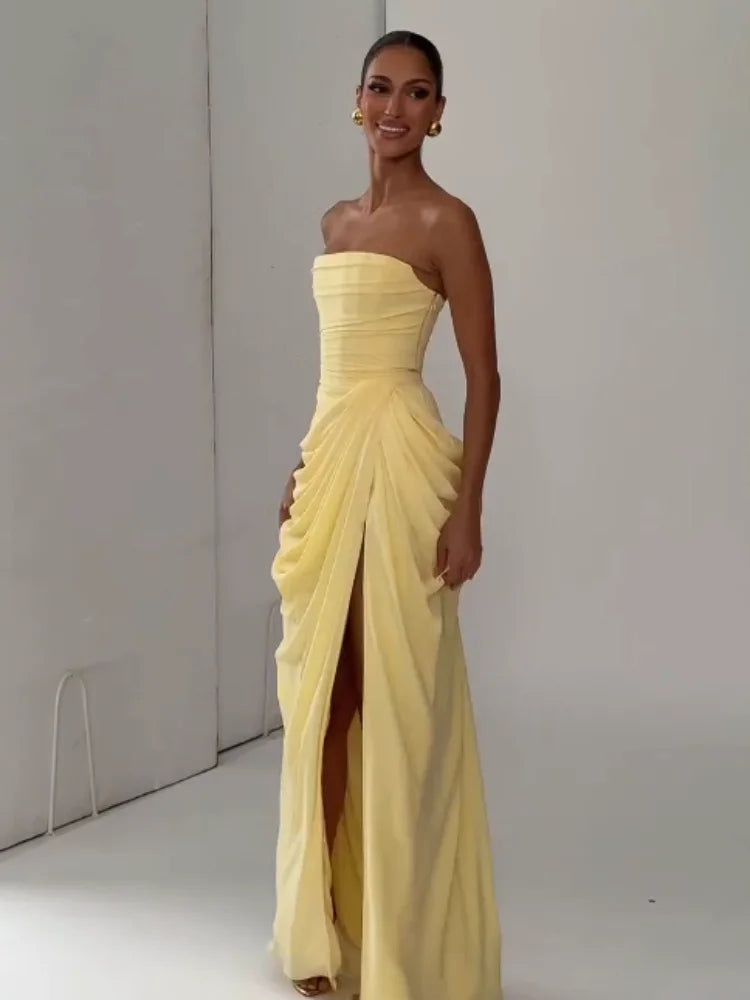 Women Sexy Solid Pleated Strapless Dress Lady Chic Off-shoulder Backless High Waist Split Dresses 2026 Summer Evening Party Gown