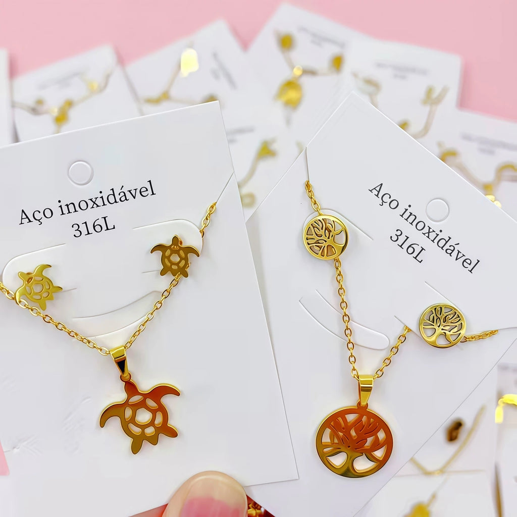 10Sets Fashion Flowers Heart Geometry Stainless Steel Earrings Necklace Set For Women Mix Style Trendy Jewelry Party Gifts