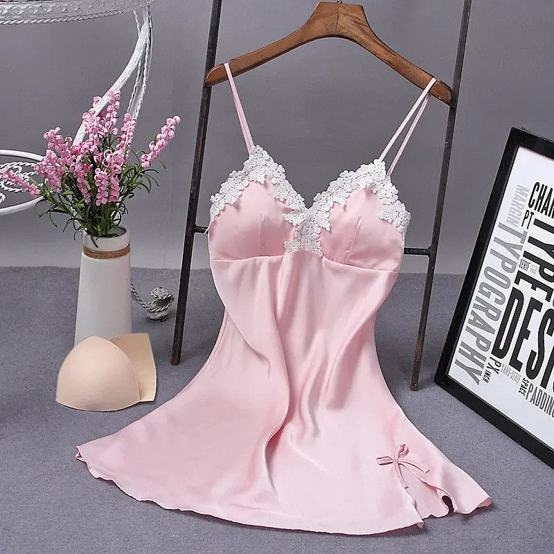 Sexy Women  Silk Robe Dress Nightdress Lace Bow Straps Lady Nightgown Sleepwear Costumes Soft Material Sleepshirts