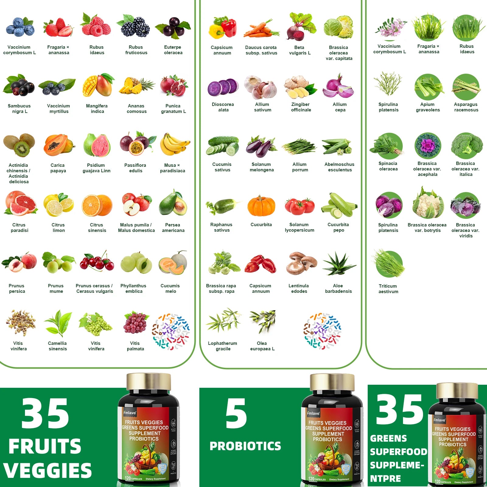 Fmlave Fruits and Veggies Supplement Reds & Green Superfood - Balance of Over 70 Fruit & Vegetable Supplements Capsules with Probiotics Prebiotics Digestive --120Caplules