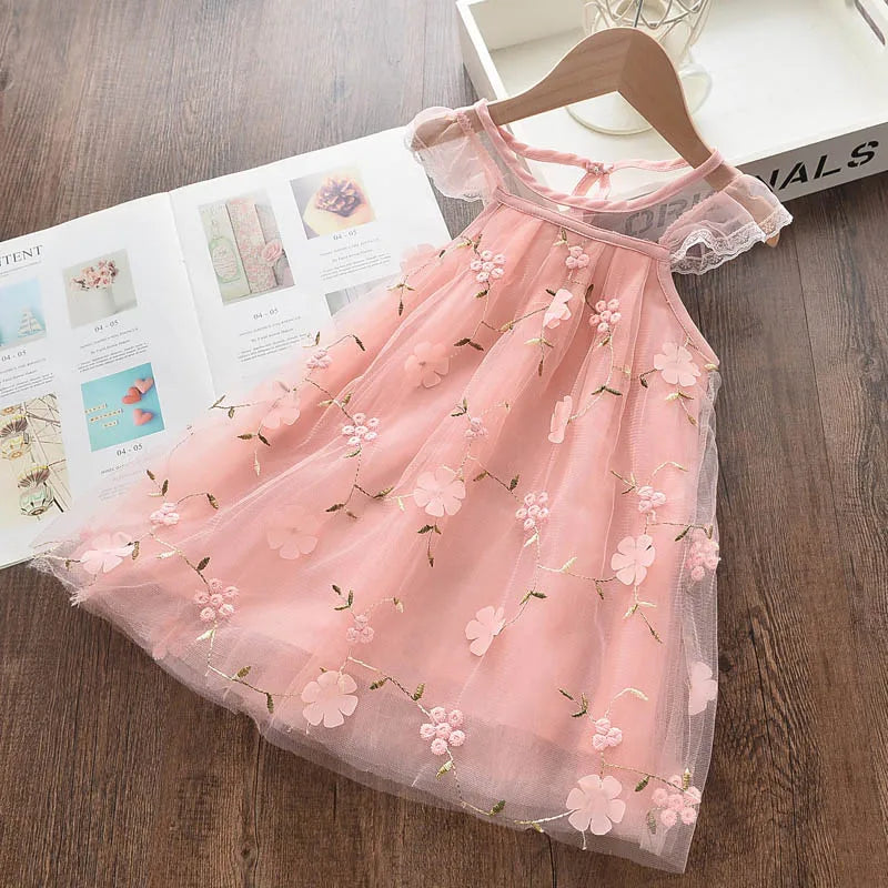 Bear Leader Girls Clothes 2025 Girl Dress New Fashion Princess Clohtings Sweet Flower Embroidery Mesh Dress For 2-6 Years
