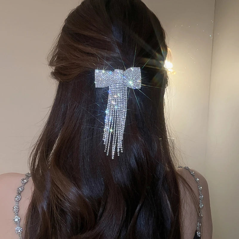 Rhinestone Bow Fringe Hairpin for Women Fashion Temperament Hair Clip Korean Light Luxury Hair Accessories Gold Silver Color