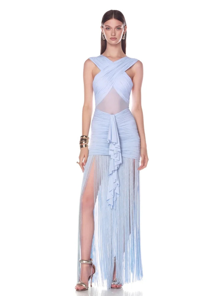 Sexy Blue Fringe Evening Dress For Women – Sleeveless Cross Halter Sheer Maxi Party Dress Elegant Cocktail Gown for Nightclub