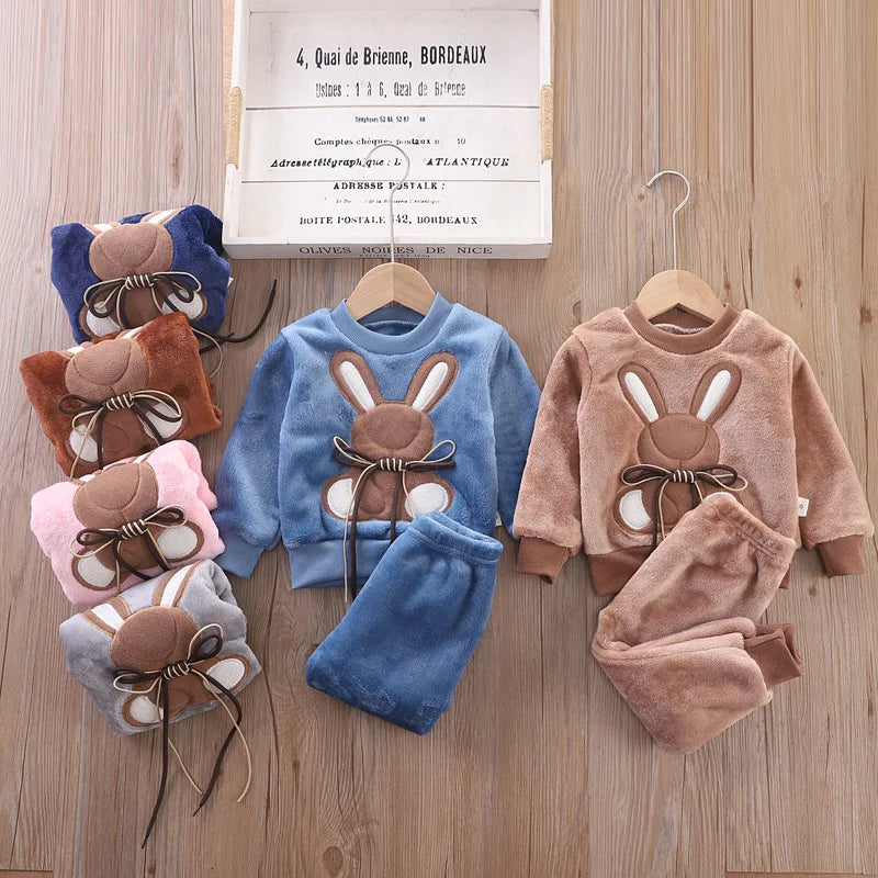 2PCS Autumn Winter Boys Girls Clothes Pajamas Set Thick Flannel Toddler Child Warm Cartoon Rabbit Sleepwear Kids Home Suit 0-6Y