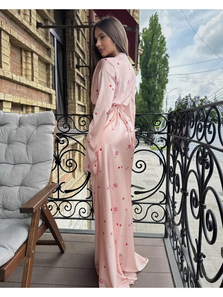 2025 Autumn Elegant Printed Satin Long Dress Women Slim Lace Up V-neck Full Sleeve Pleat Dresses Lady Party Evening Robes New