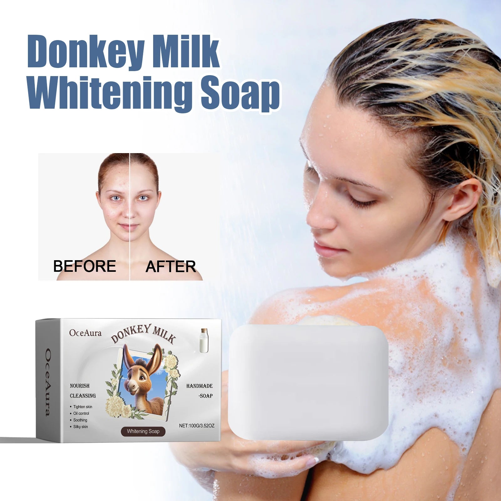 OCEAURA Donkey Milk Whitening Soap with Donkey Milk, Butyrospermum Oil Bath Soaps Donkey Milk Soap Suitable for All Skin Types