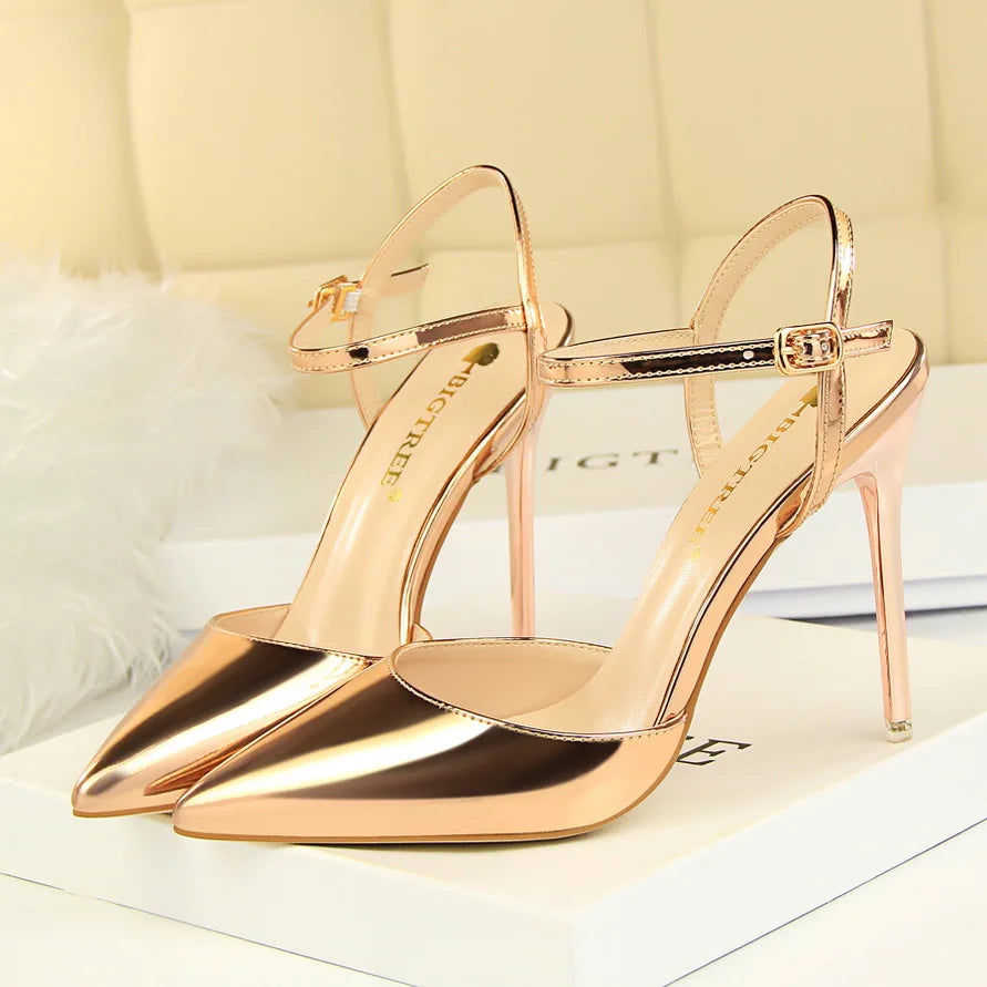 Women 10.5cm High Heels Sandals Lady Metallic Gray Patent Leather Stripper Ankle Strap Sandles Wedding Fetish Nightclub Shoes