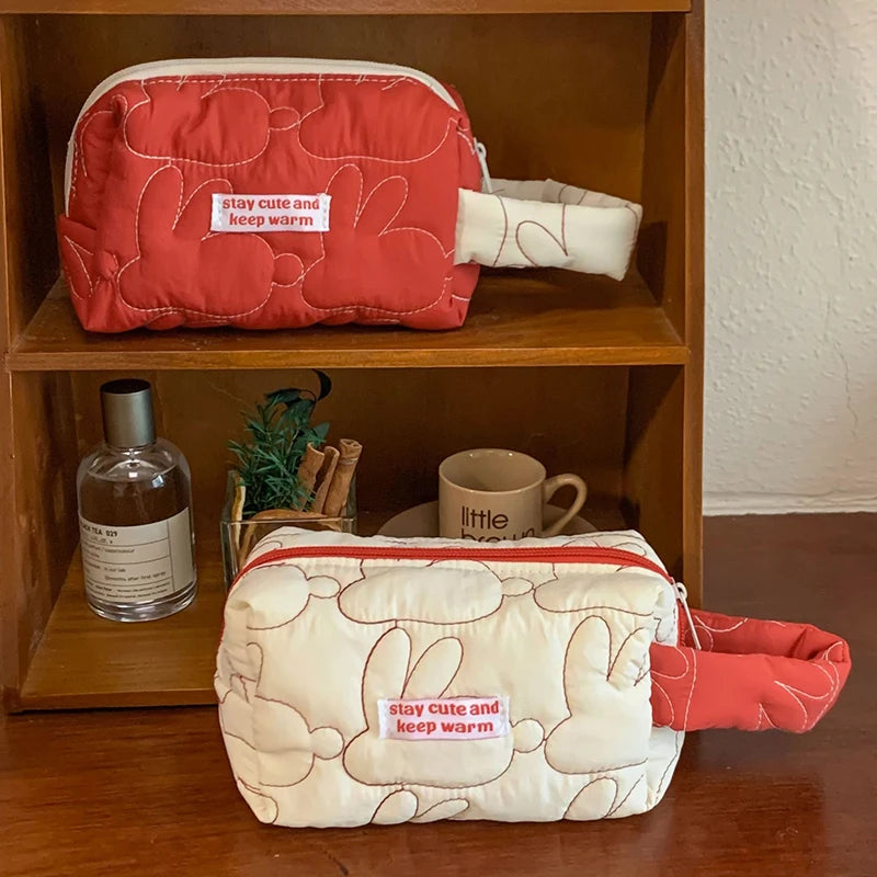 Cute Women Portable Rabbit Quilted Cotton Cosmetic Bag Handbag Lady Tote Makeup Pouch Travel Organizer Storage Bags With Zipper
