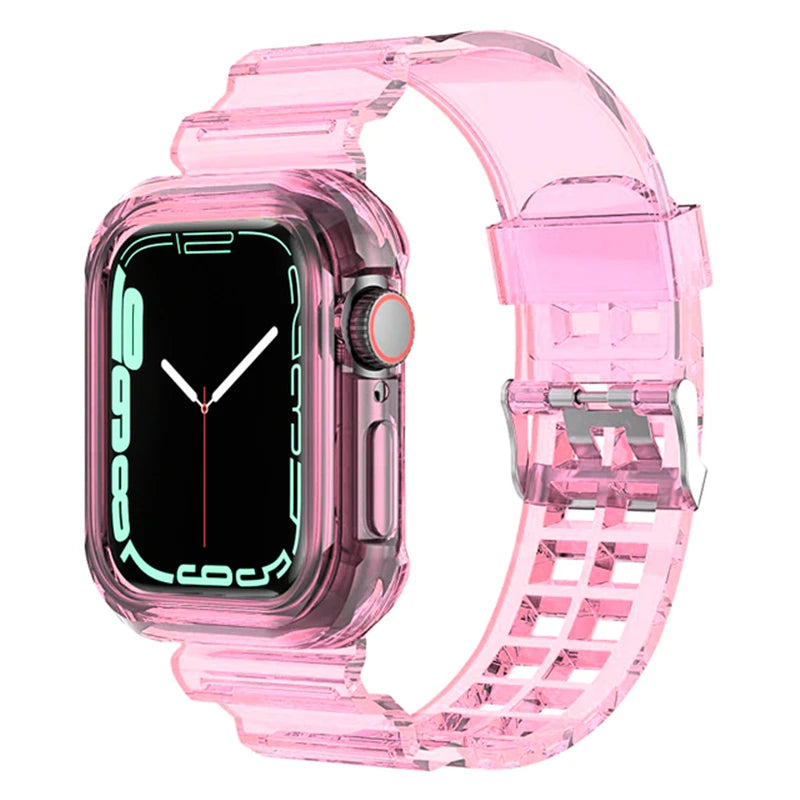 Clear Band + Case for Apple Watch Series 9 8 7 49mm 45mm 44mm 42mm 41mm Transparent Plastic Strap for iwatch 6 SE 5 4 38mm 40mm