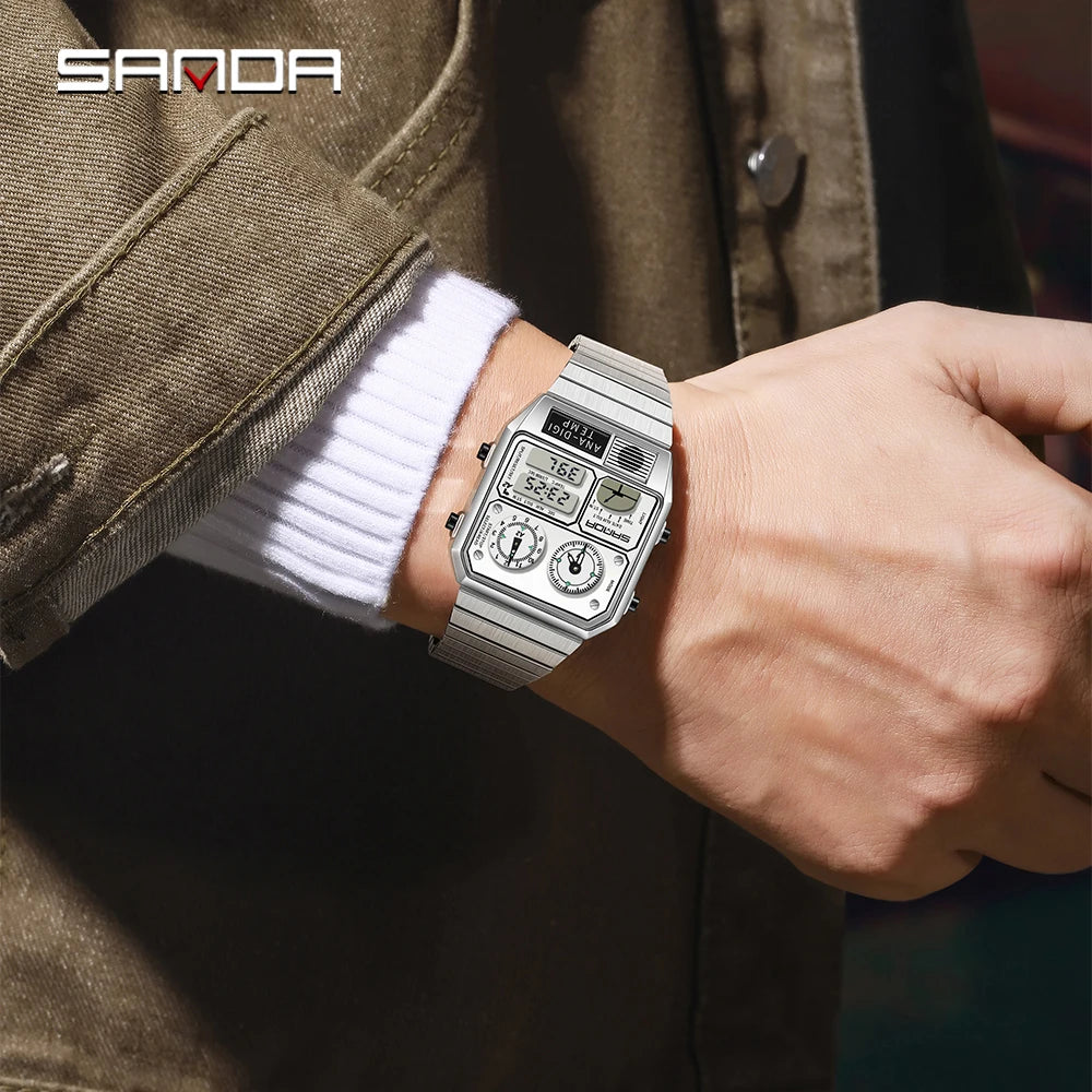SANDA 3192 hot selling LED electronic square men's youth leisure thermometer stopwatch timing code multifunctional men's watch