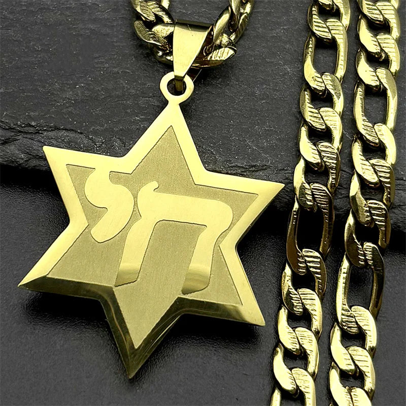 Hebrew Star of David Pendant Necklace for Women Men Stainless Steel Gold Color Jewish Bless Hip Hop Chain Amulet Jewelry Gift