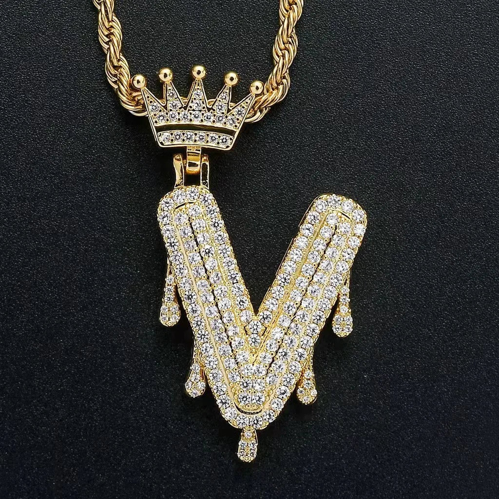 Hip Hop Iced Out Bling Cubic A-Z Drip Crown Zircon Initial Letters Necklaces Pendant Necklace Chain Men Jewelry with Rope Chain