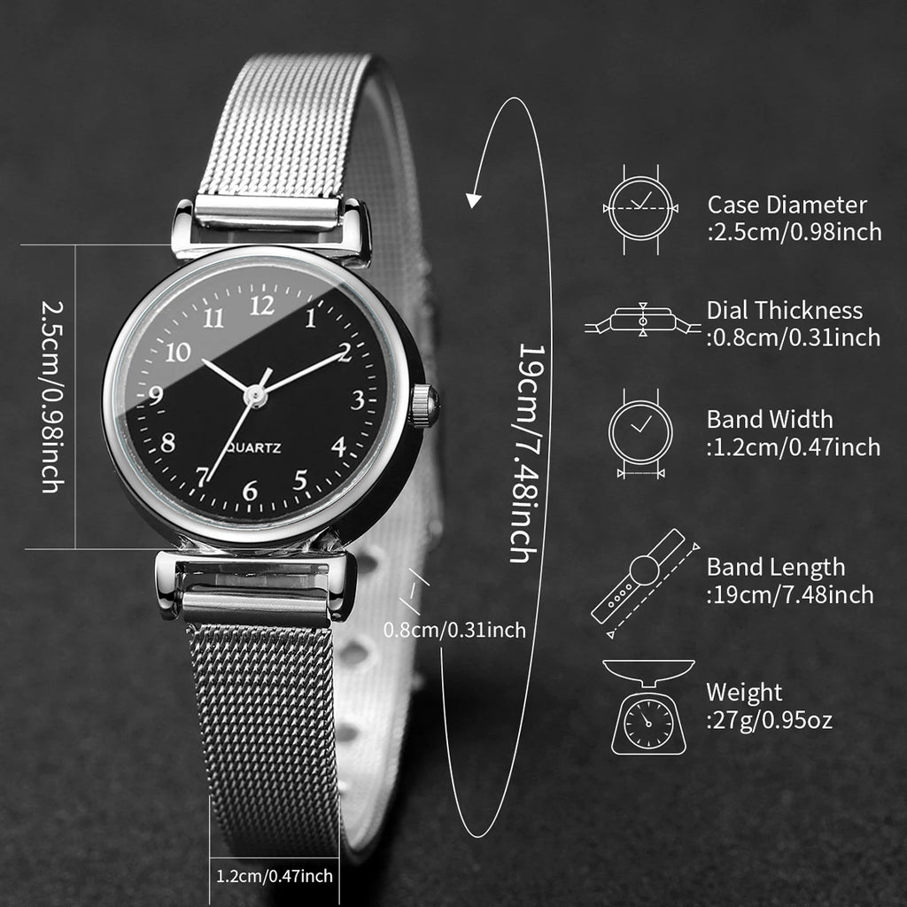 5PCS Fashion Arabic Dial Women Quartz Watch Rhinestone Jewelry Set Silvery Mesh Band Wristwatches Reloj Mujer（Without Box）