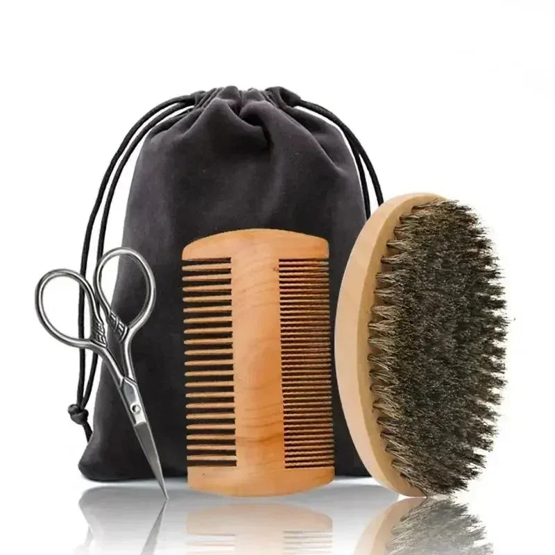 Professional Soft Boar Bristle Wood Beard Shaving Brush Men Mustache Comb Kit With Gift Bag Hairdresser Brush Hair Combs