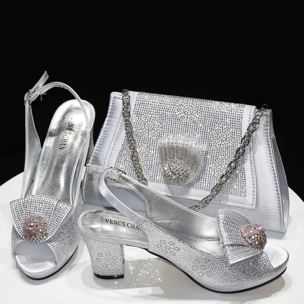 Venus Chan 2024 Italian Shoes And Bag Sets For Evening Party With Stones Italian Satin cloth  Rhinestone bow Handbags Match Bags