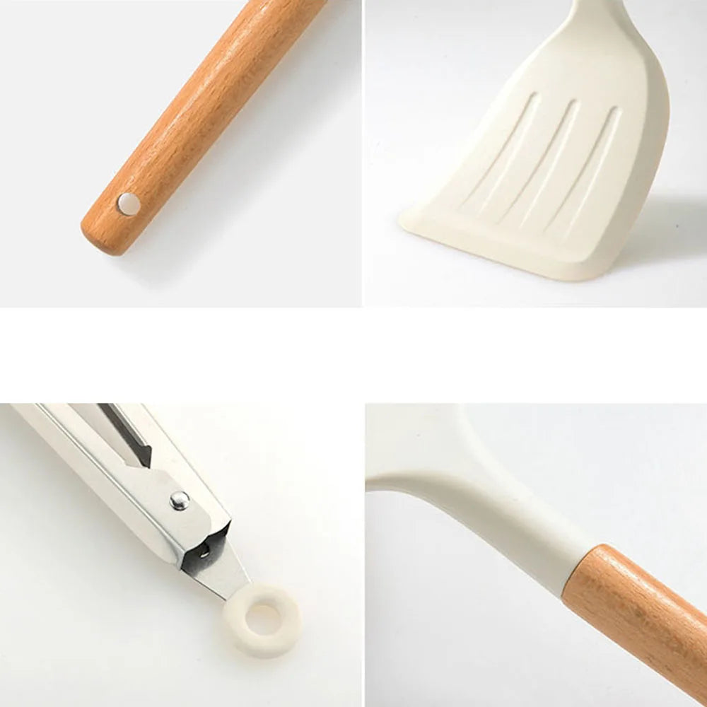 White Silicone Wooden Handle Soup Spoon Spatula Brush Scraper Pasta Egg Beater Non-stick Kitchen Cooking Tools Kitchenware