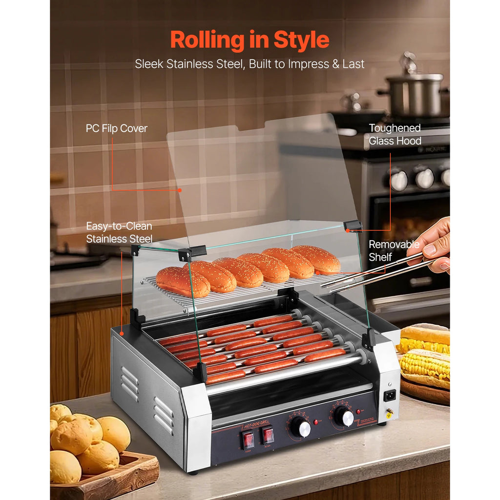 SucceBuy 5 7 11 Rollers Hot Dog Roller Stainless Steel Sausage Grill Cooker Commercial Hot Dog Machine with Dual Temp Control