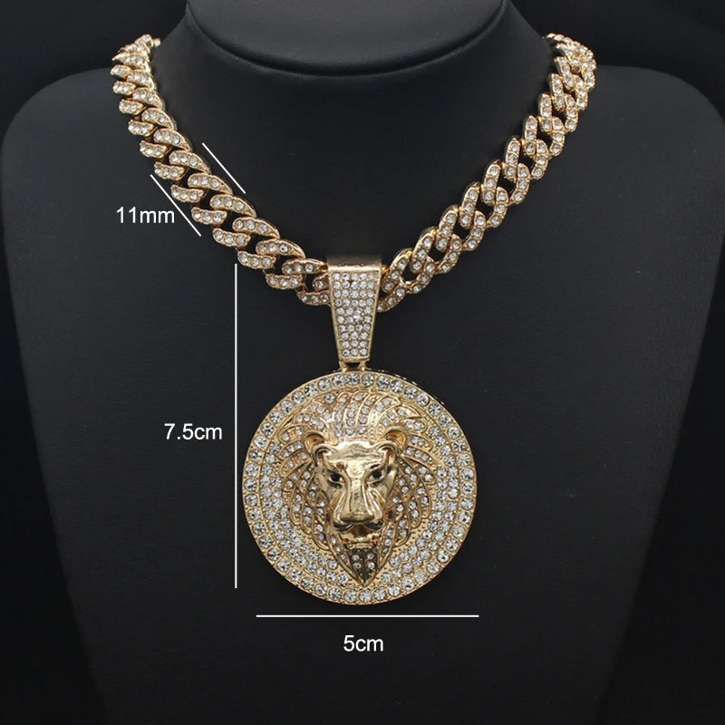 Hip Hop Big Lion Head Pendant Necklace Cuban Chain Necklace For Women Men Iced Out Full Rhinestone Necklace Jewelry Gifts