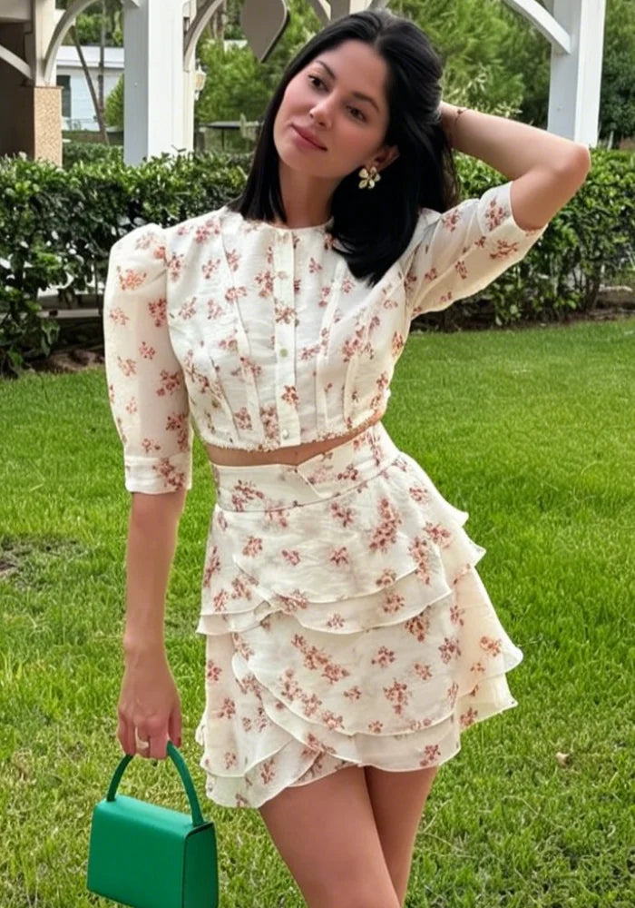 Women's Floral Print Two Piece Set 2026 New Women Puff Sleeve Crop Top + Tiered Ruffle Mini Skirt Casual Vacation Party Outfit