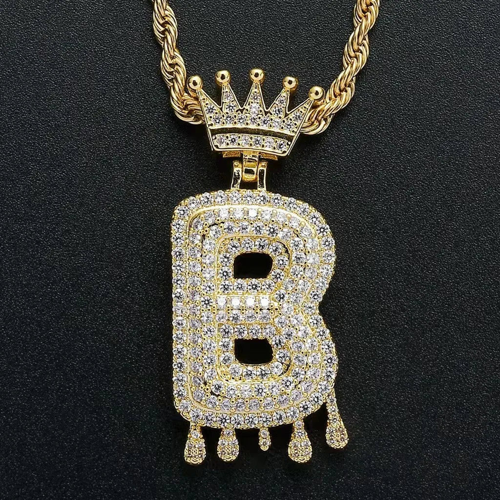 Hip Hop Iced Out Bling Cubic A-Z Drip Crown Zircon Initial Letters Necklaces Pendant Necklace Chain Men Jewelry with Rope Chain