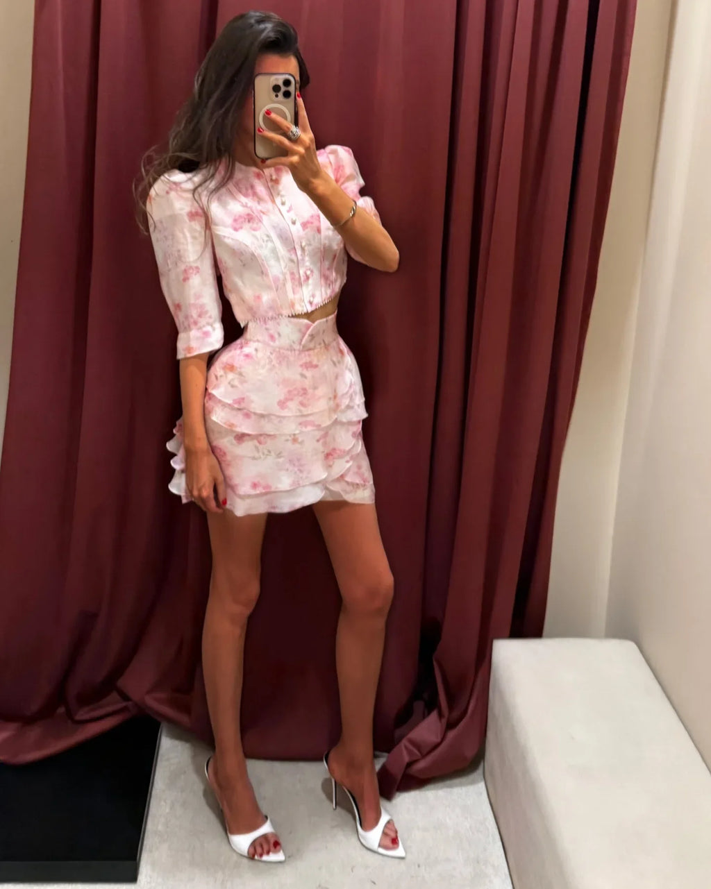Floral Print Two Piece Set Women Puff Sleeve Crop Top Layered Ruffle Sexy Mini Skirt Sets Lady 2026 Summer Boho Beach Outfit