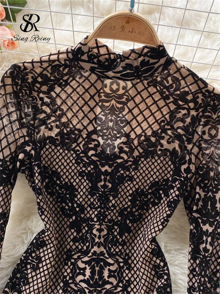 SINGREINY Fashion Summer Velvet Slim Playsuits Long Sleeves Vintage Bodycon Rompers Streetwear Y2K Ins Chic Mesh Sexy Bodysuits