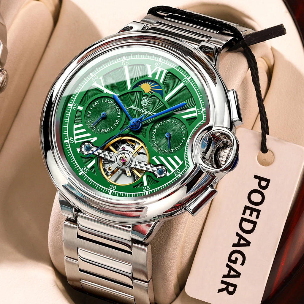 POEDAGAR Luxury Business Male Watch Date Week Stainless Steel Tourbillon Men Clock Waterproof Automatic Mechanical Men's Watches