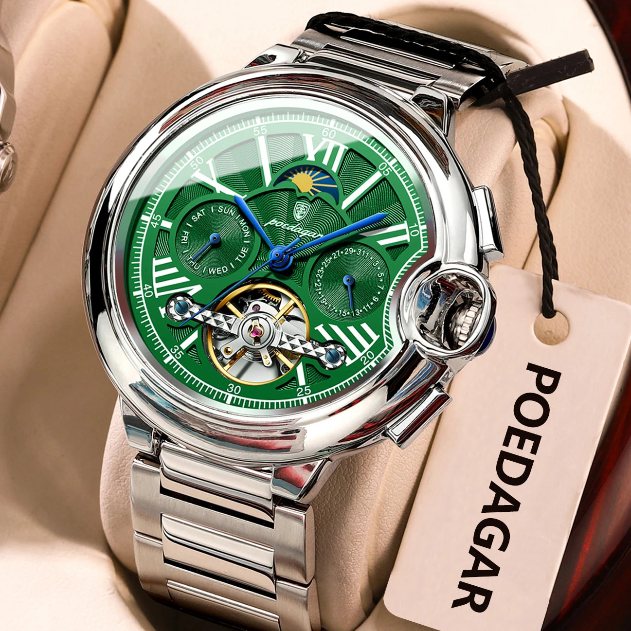POEDAGAR Luxury Business Male Watch Date Week Stainless Steel Tourbillon Men Clock Waterproof Automatic Mechanical Men's Watches