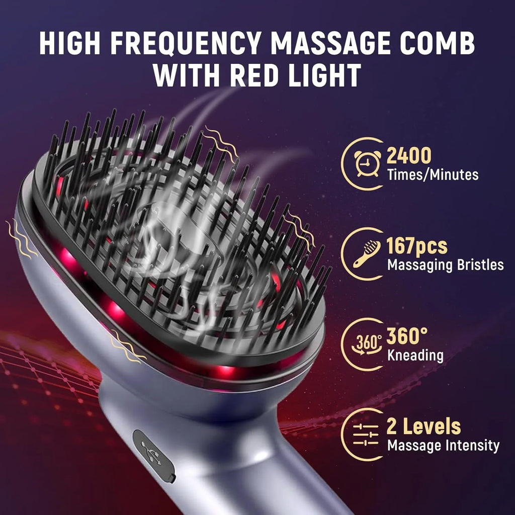 Massage Comb Red Light 360° Kneading 2 Level 167*Massage Bristles Vibration 3*Essential Oil Cartridges Atomization Head Massager